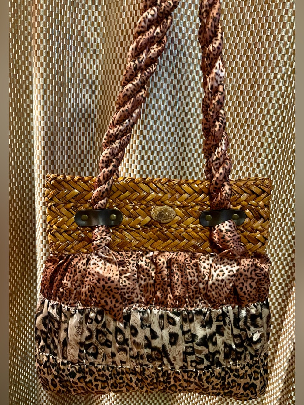 Capelli of NY Straworld Braided Handles; Leopard, Cheetah Mixed Print Satin Tote